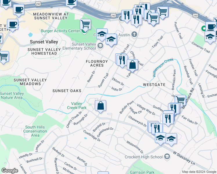 map of restaurants, bars, coffee shops, grocery stores, and more near 13 Sunset Trail in Sunset Valley