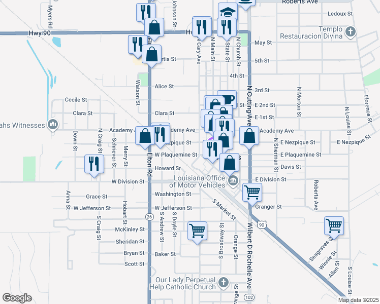 map of restaurants, bars, coffee shops, grocery stores, and more near 214 West Plaquemine Street in Jennings