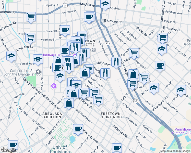 map of restaurants, bars, coffee shops, grocery stores, and more near 211 Clinton Street in Lafayette