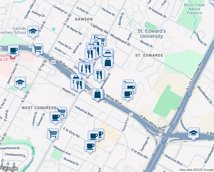 map of restaurants, bars, coffee shops, grocery stores, and more near 3902 Woodbury Drive in Austin