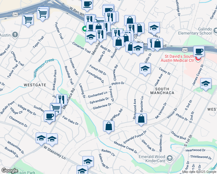 map of restaurants, bars, coffee shops, grocery stores, and more near 4623 Philco Drive in Austin