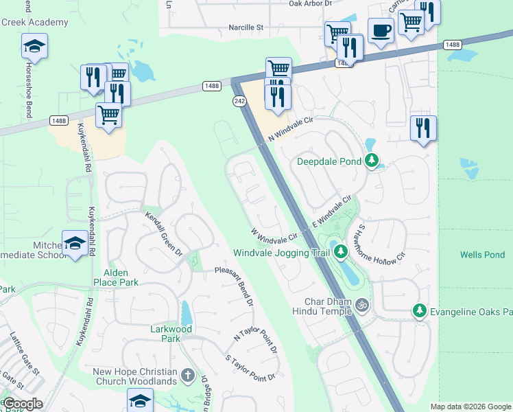 map of restaurants, bars, coffee shops, grocery stores, and more near 75 Musgrove Place in Spring
