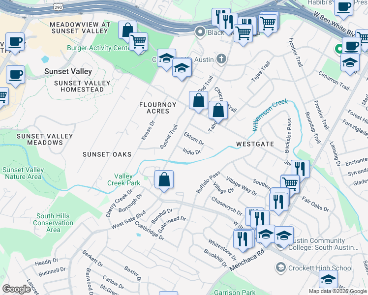 map of restaurants, bars, coffee shops, grocery stores, and more near 2617 Ektom Drive in Austin