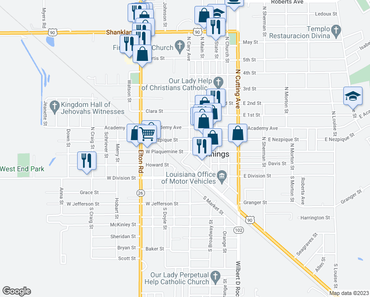 map of restaurants, bars, coffee shops, grocery stores, and more near 303 North Cary Avenue in Jennings