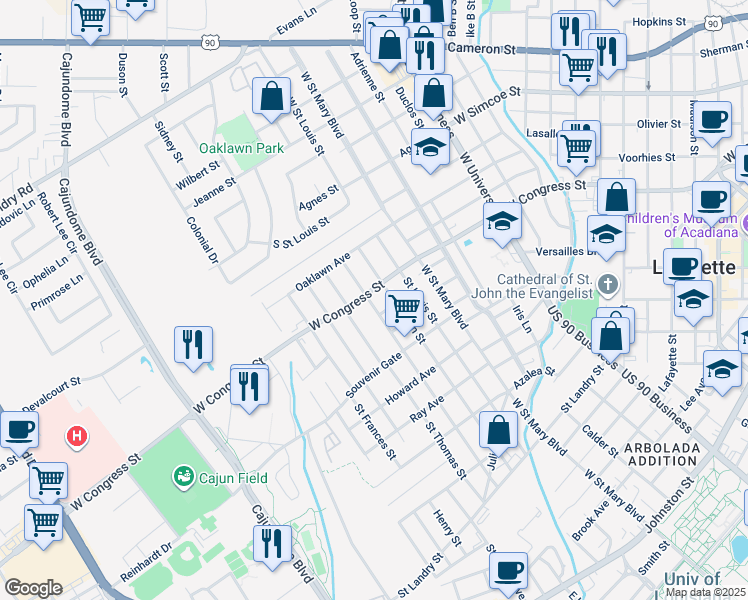 map of restaurants, bars, coffee shops, grocery stores, and more near 1018 Saint Patrick Street in Lafayette