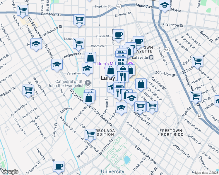 map of restaurants, bars, coffee shops, grocery stores, and more near 800 South Buchanan Street in Lafayette