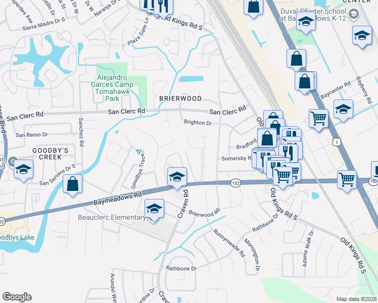 map of restaurants, bars, coffee shops, grocery stores, and more near 8563 Goldeneye Lane in Jacksonville