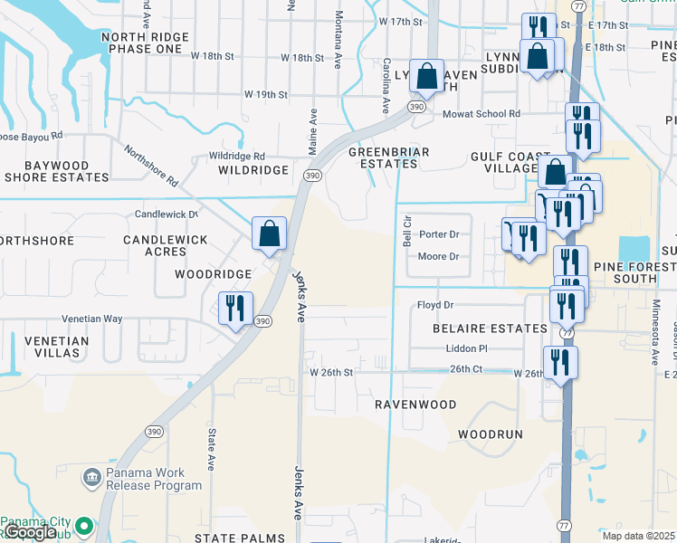 map of restaurants, bars, coffee shops, grocery stores, and more near 2301 Florida 390 in Lynn Haven