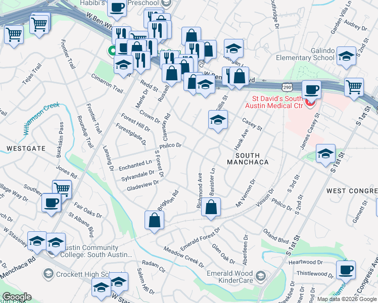 map of restaurants, bars, coffee shops, grocery stores, and more near 4505 Banbury Bend in Austin