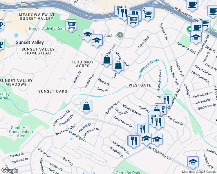 map of restaurants, bars, coffee shops, grocery stores, and more near 5207 Tahoe Trail in Austin