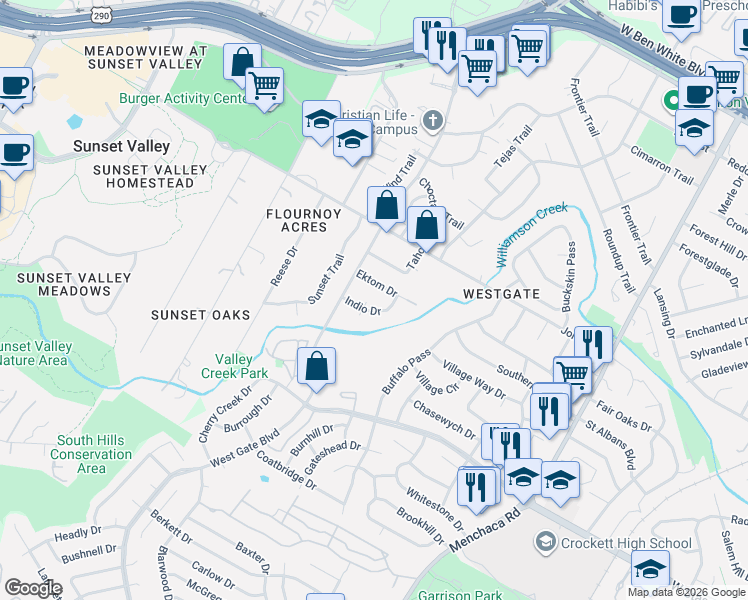 map of restaurants, bars, coffee shops, grocery stores, and more near 2617 Ektom Drive in Austin