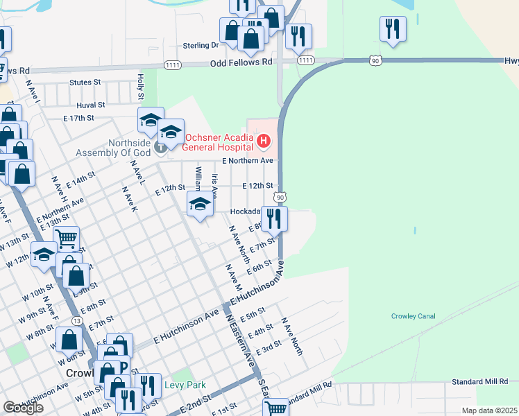 map of restaurants, bars, coffee shops, grocery stores, and more near 1123 Jenkins Avenue in Crowley