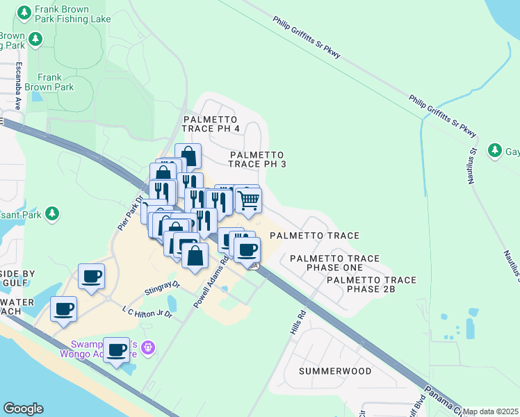 map of restaurants, bars, coffee shops, grocery stores, and more near 219 Bainbridge Street in Panama City Beach