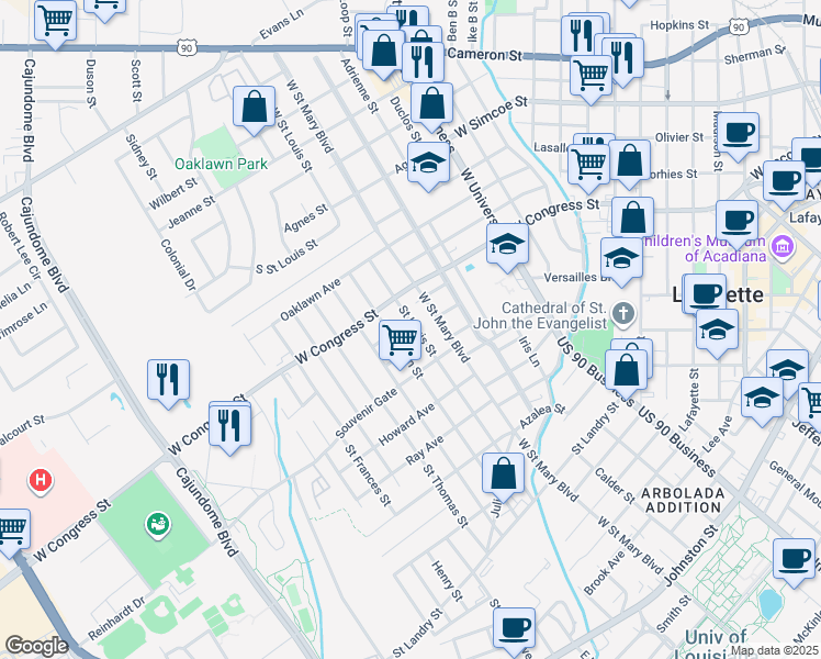map of restaurants, bars, coffee shops, grocery stores, and more near 761 Saint Louis Street in Lafayette
