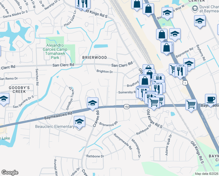 map of restaurants, bars, coffee shops, grocery stores, and more near 4917 Astoria Court in Jacksonville