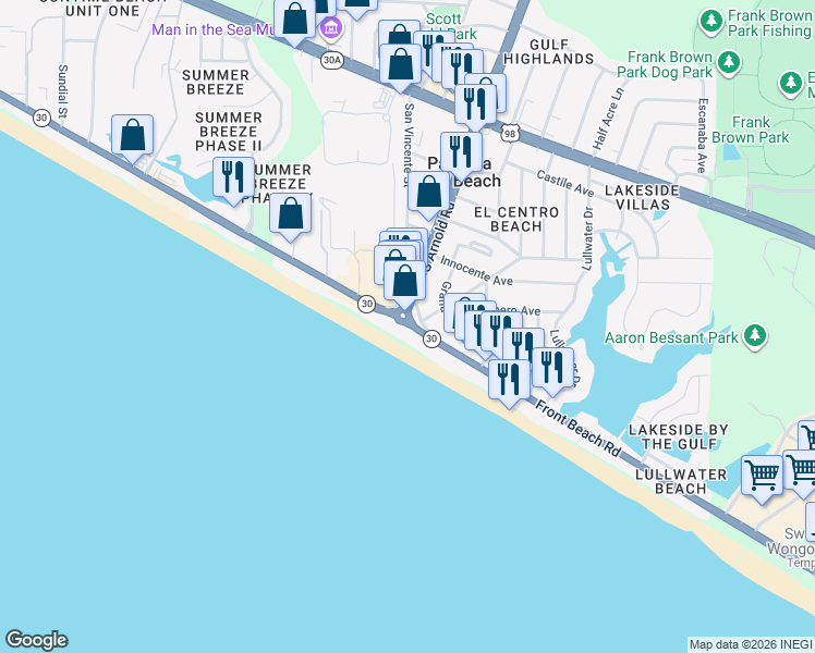 map of restaurants, bars, coffee shops, grocery stores, and more near 601 Front Beach Road in Panama City Beach