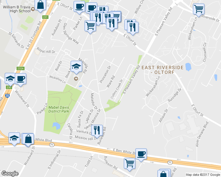 map of restaurants, bars, coffee shops, grocery stores, and more near 2709 Ware Road in Austin