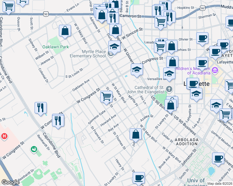 map of restaurants, bars, coffee shops, grocery stores, and more near 1409 West Saint Mary Boulevard in Lafayette