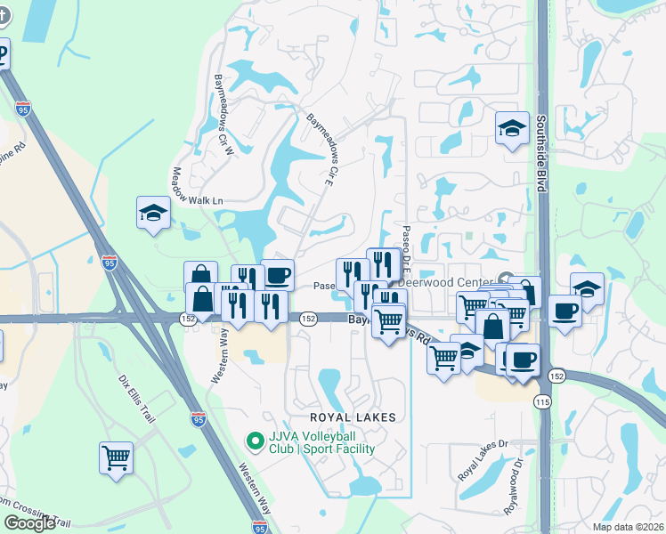 map of restaurants, bars, coffee shops, grocery stores, and more near 8044 Echo Springs Road in Jacksonville