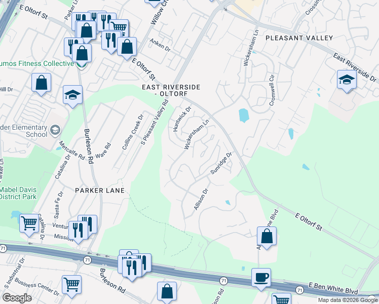 map of restaurants, bars, coffee shops, grocery stores, and more near 2501 Wickersham Lane in Austin