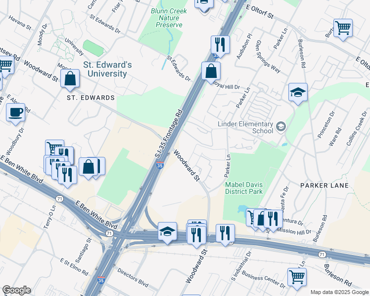 map of restaurants, bars, coffee shops, grocery stores, and more near 3107 South Interstate 35 Frontage Road in Austin