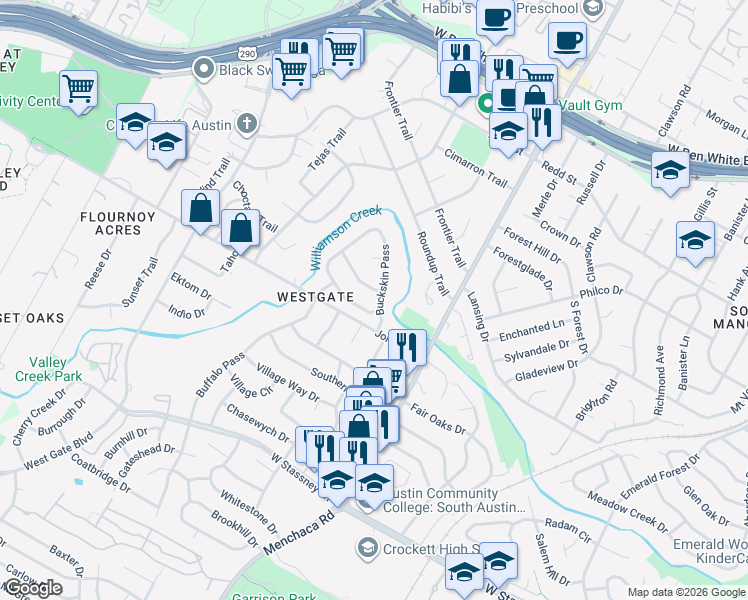 map of restaurants, bars, coffee shops, grocery stores, and more near 4909 Buckskin Pass in Austin