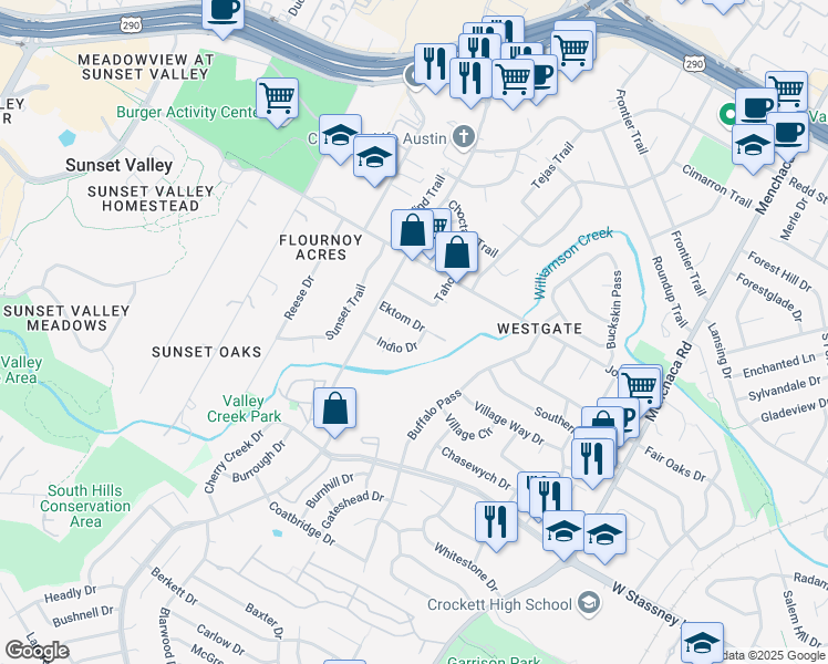 map of restaurants, bars, coffee shops, grocery stores, and more near 5207 Tahoe Trail in Austin