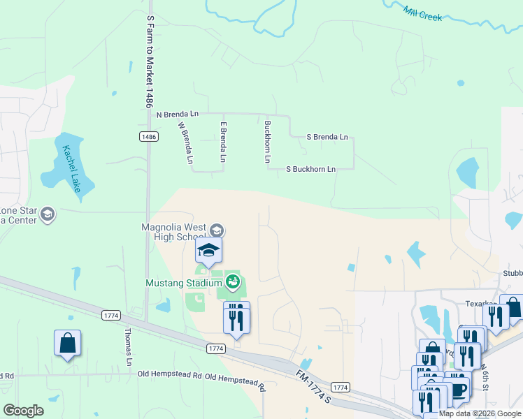 map of restaurants, bars, coffee shops, grocery stores, and more near 818 Buckhorn Lane in Magnolia