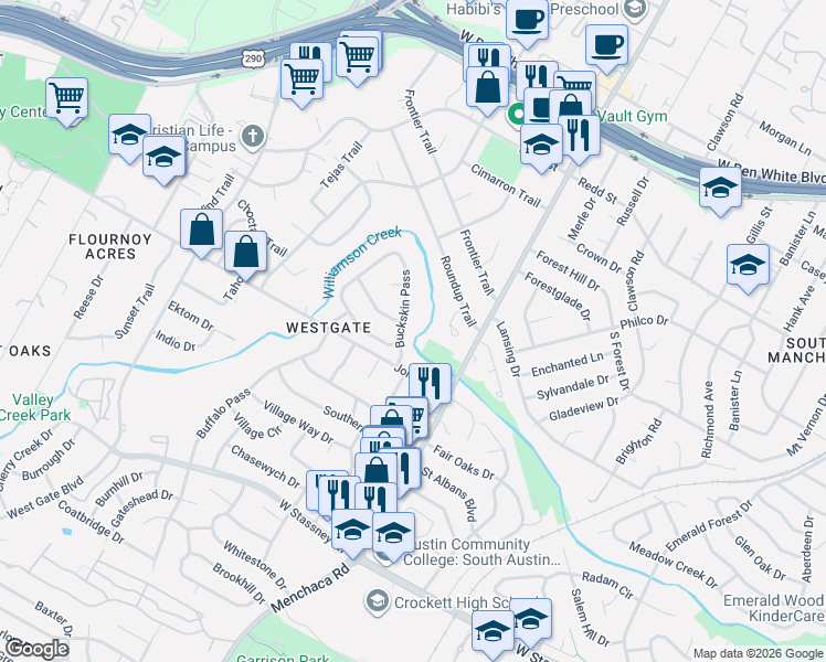 map of restaurants, bars, coffee shops, grocery stores, and more near 4909 Buckskin Pass in Austin