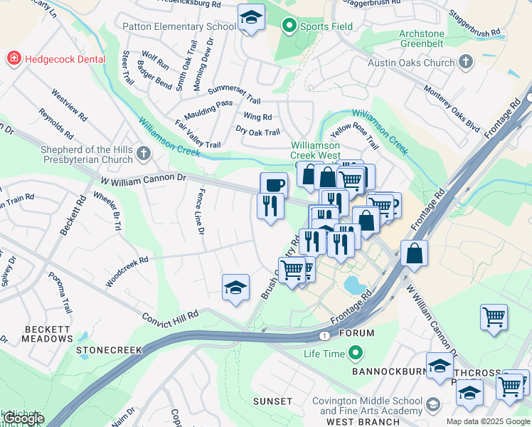 map of restaurants, bars, coffee shops, grocery stores, and more near 6703 One Oak Road in Austin