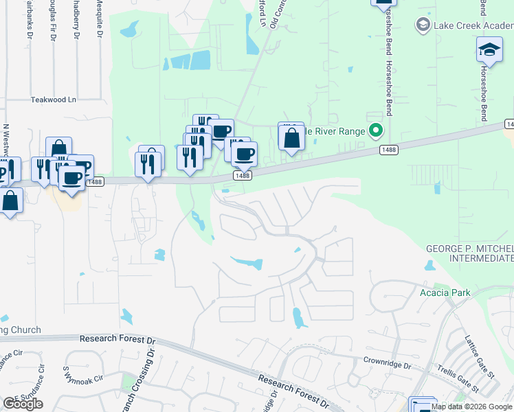 map of restaurants, bars, coffee shops, grocery stores, and more near 228 Spotted Saddle Court in Spring