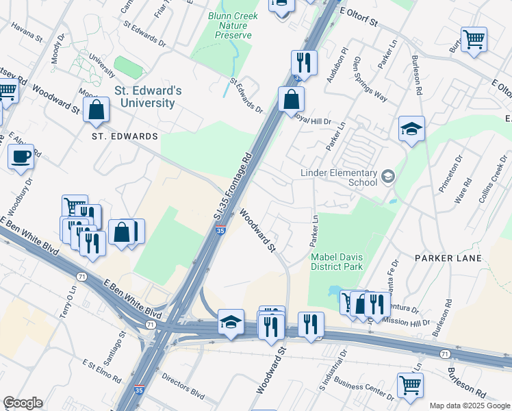 map of restaurants, bars, coffee shops, grocery stores, and more near Interstate 35 in Austin