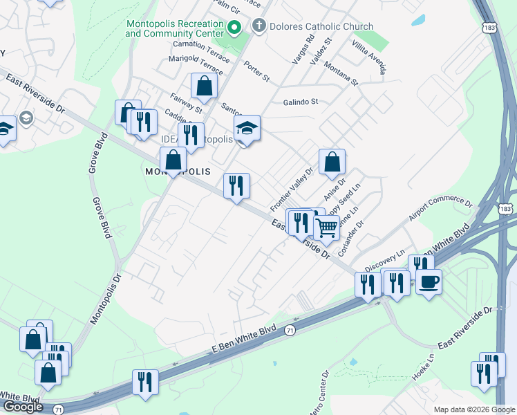 map of restaurants, bars, coffee shops, grocery stores, and more near 6900 Idea Road in Austin