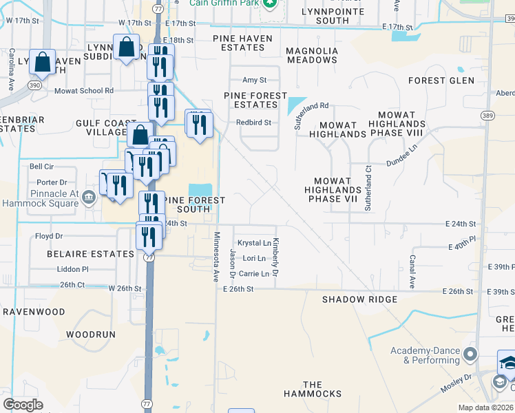 map of restaurants, bars, coffee shops, grocery stores, and more near 517 Timbers Crossing in Lynn Haven