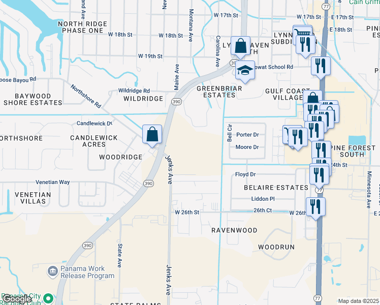 map of restaurants, bars, coffee shops, grocery stores, and more near 2301 Florida 390 in Lynn Haven