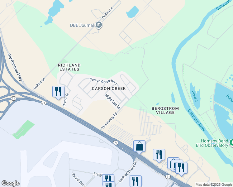 map of restaurants, bars, coffee shops, grocery stores, and more near 9607 Carson Creek Boulevard in Del Valle