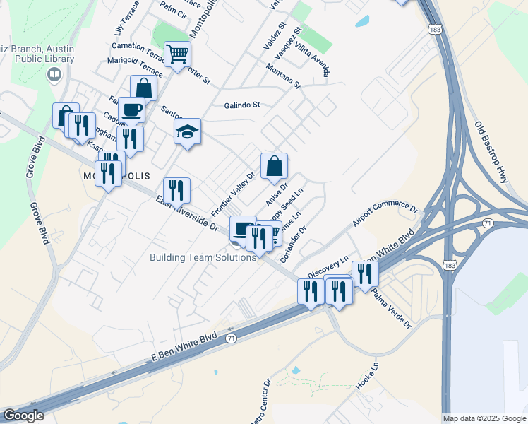 map of restaurants, bars, coffee shops, grocery stores, and more near 1632 Anise Drive in Austin