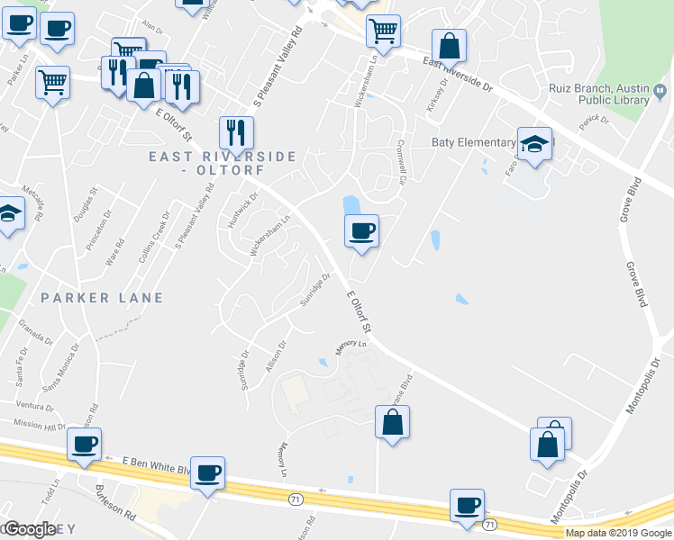 map of restaurants, bars, coffee shops, grocery stores, and more near 4900 East Oltorf Street in Austin