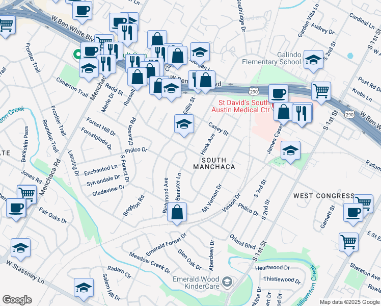 map of restaurants, bars, coffee shops, grocery stores, and more near 4429 Banister Lane in Austin