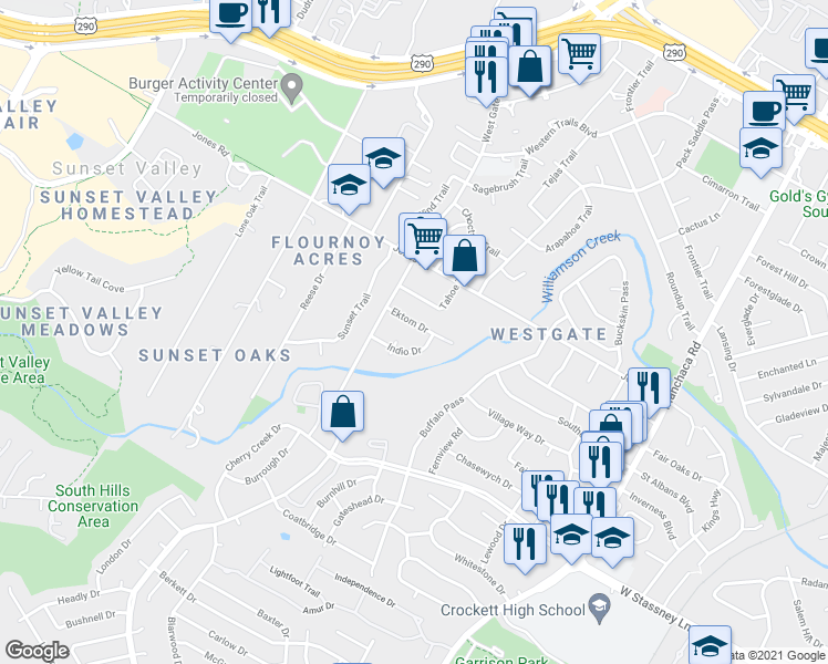map of restaurants, bars, coffee shops, grocery stores, and more near 2617 Ektom Drive in Austin