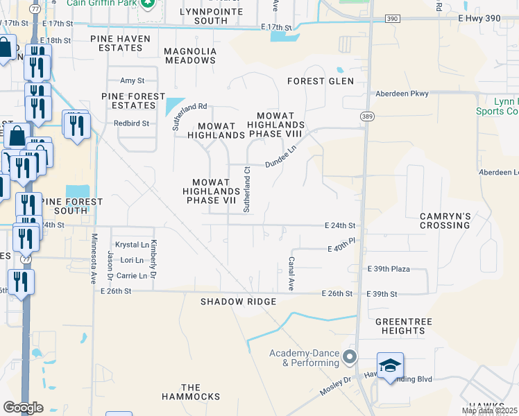 map of restaurants, bars, coffee shops, grocery stores, and more near 1208 Sutherland Plaza in Lynn Haven