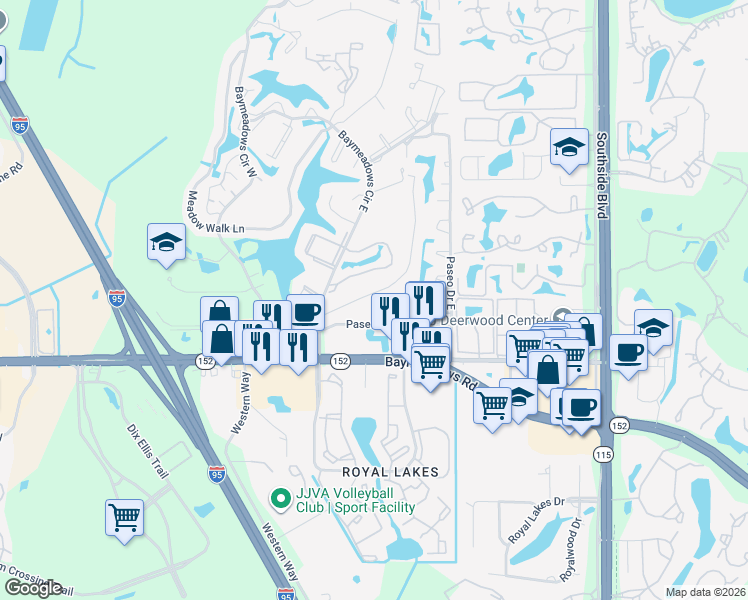 map of restaurants, bars, coffee shops, grocery stores, and more near 8044 Echo Springs Road in Jacksonville