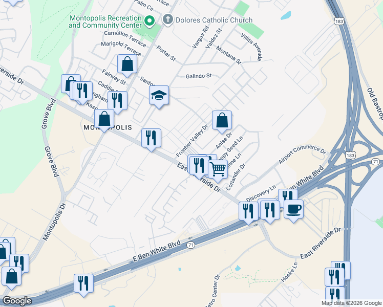 map of restaurants, bars, coffee shops, grocery stores, and more near 1805 Frontier Valley Drive in Austin