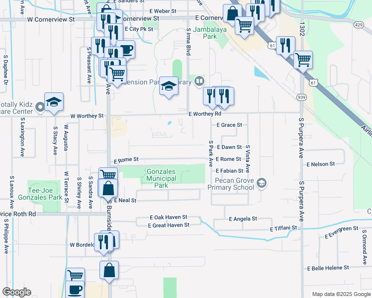 map of restaurants, bars, coffee shops, grocery stores, and more near 804 East Hamilton Street in Gonzales