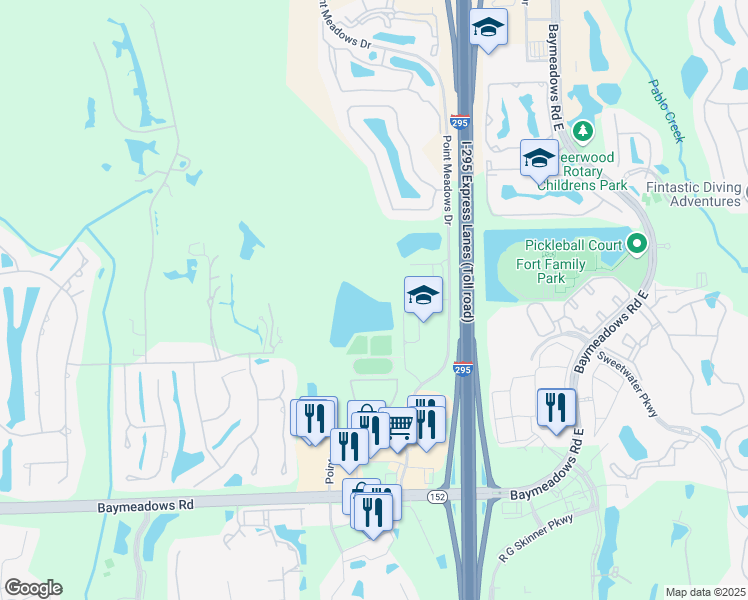 map of restaurants, bars, coffee shops, grocery stores, and more near 8000 Point Meadows Drive in Jacksonville