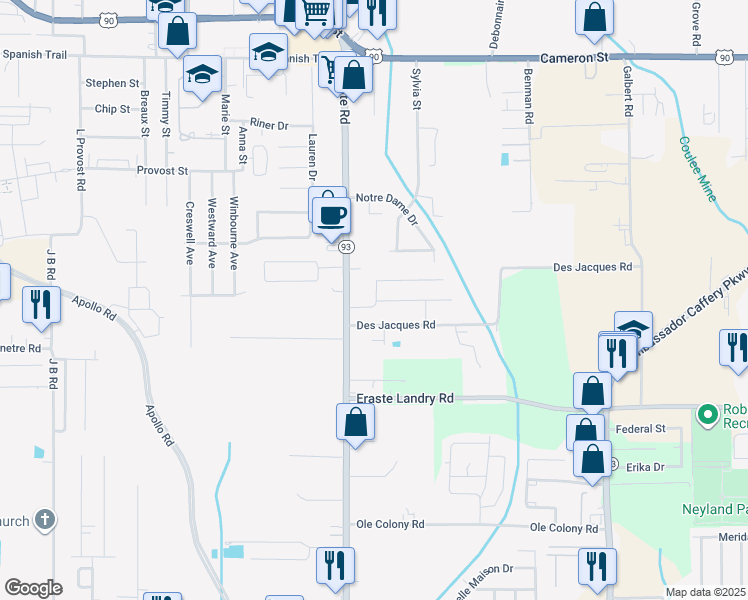 map of restaurants, bars, coffee shops, grocery stores, and more near 725 Westgate Road in Lafayette