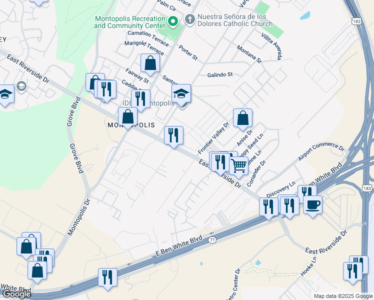 map of restaurants, bars, coffee shops, grocery stores, and more near 6814 East Riverside Drive in Austin