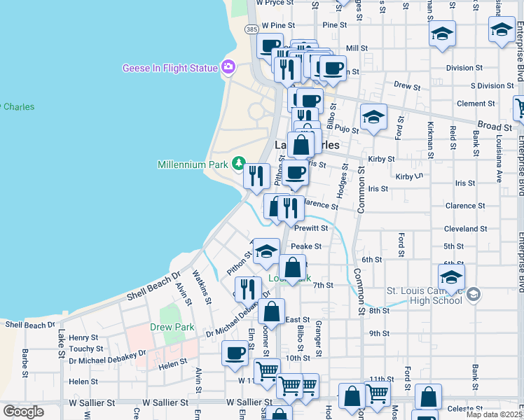 map of restaurants, bars, coffee shops, grocery stores, and more near 1220 Pithon Street in Lake Charles