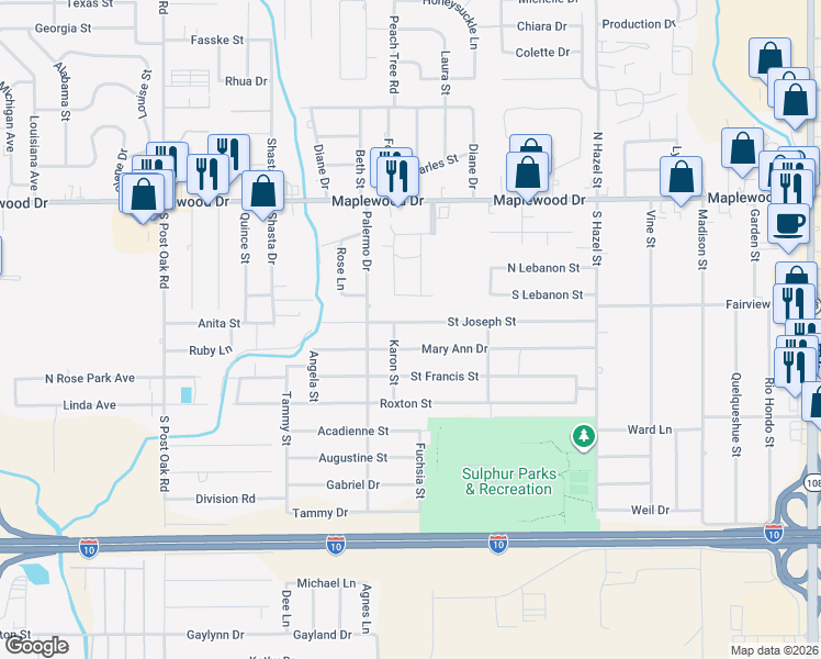 map of restaurants, bars, coffee shops, grocery stores, and more near 2535 Saint Joseph Street in Sulphur