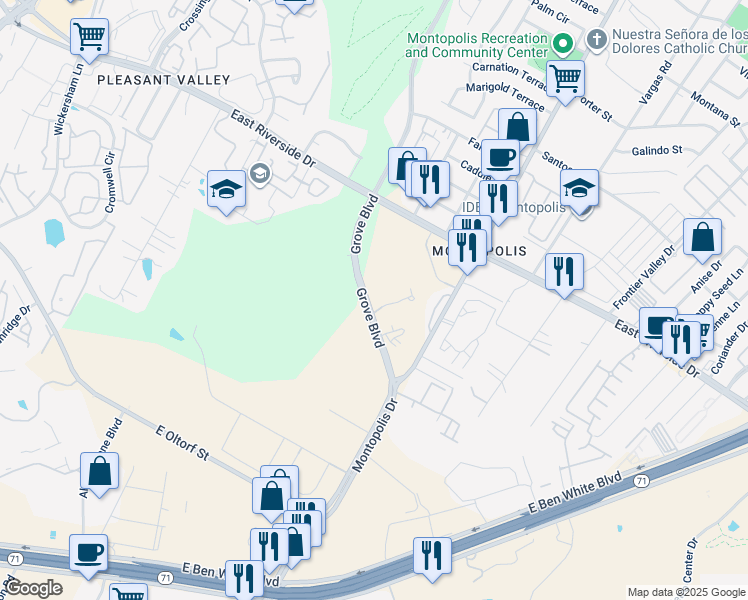 map of restaurants, bars, coffee shops, grocery stores, and more near 2301 Grove Boulevard in Austin